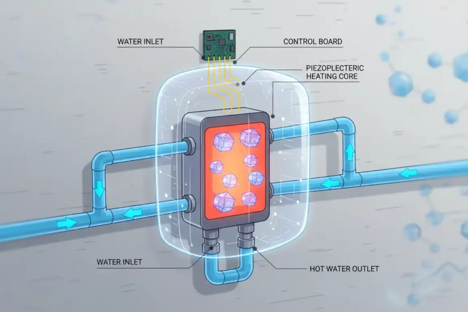 A cutaway illustration of a tankless water heater, highlighting the water flow and heating element, with subtle visual cues suggesting advanced technology