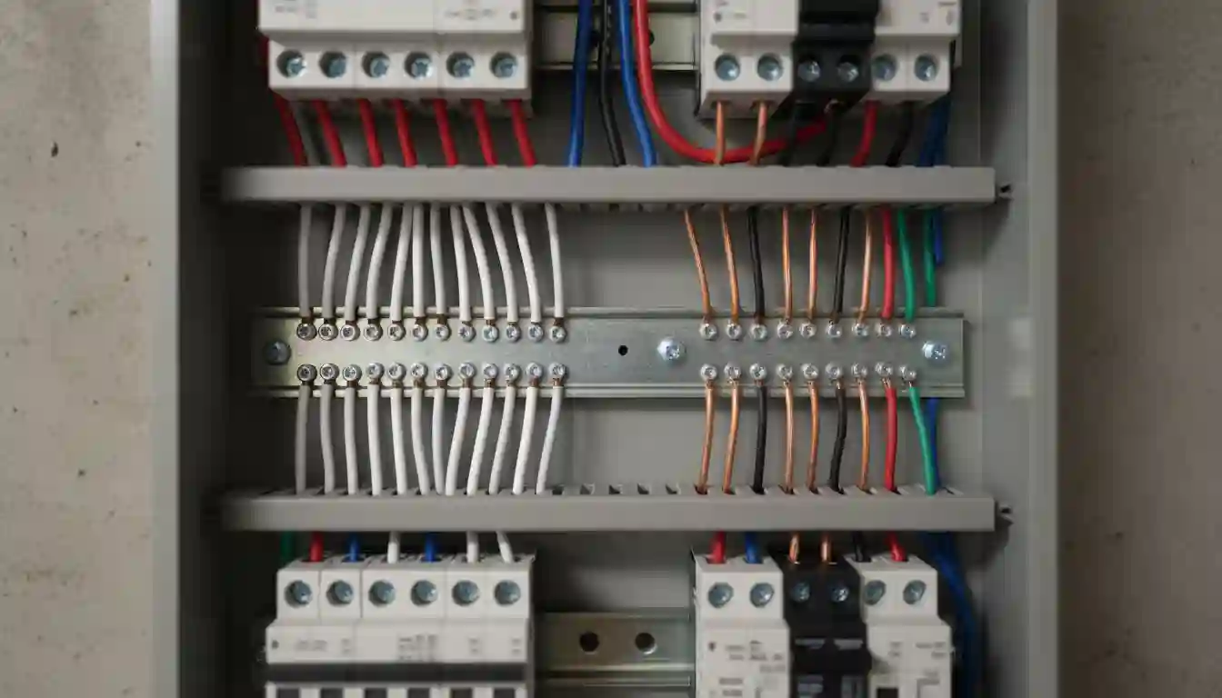 An open electrical subpanel with clearly separated neutral (white wires) and ground (bare copper or green wires) bus bars, indicating no bonding screw present between them.