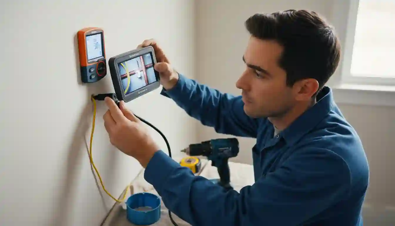 An electrician using an inspection camera to check inside a wall cavity before drilling for an electrical box.